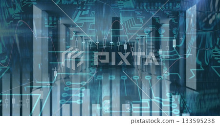 Displaying financial visuals over server racks in server room corridor, including binary code Displaying financial visuals over server racks in server room corridor, including binary code 133595238