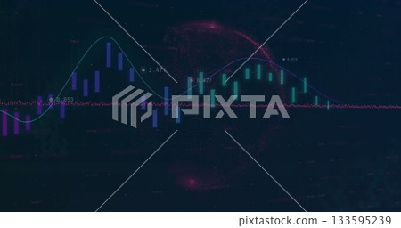 Trading interface displaying candlestick bars, line graph and fuchsia particle arc on dark screen 133595239