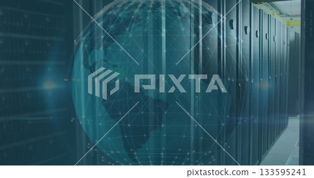 Displaying data center server racks lining corridor under cable trays, with wireframe globe overlay Displaying data center server racks lining corridor under cable trays, with wireframe globe overlay 133595241