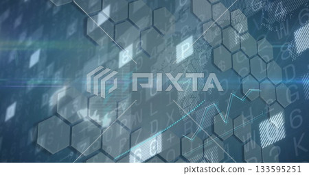 Displaying network data view in dashboard, with hexagon grid, alphanumeric code, line graph overlay Displaying network data view in dashboard, with hexagon grid, alphanumeric code, line graph overlay 133595251