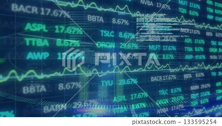 Displaying stock tickers and percentages on trading screen with green, turquoise line charts 133595254