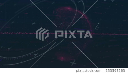 Displaying pink waveform line spanning digital HUD display, with white arcs and plus-shaped markers 133595263