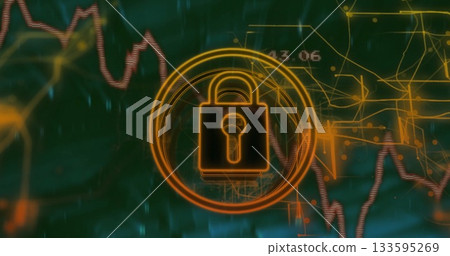 Hovering glowing orange padlock icon in circular ring securing interface, with financial charts 133595269