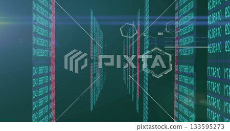 Showing panels streaming numeric, binary code in tunnel with chemical diagrams and light flares Showing panels streaming numeric, binary code in tunnel with chemical diagrams and light flares 133595273