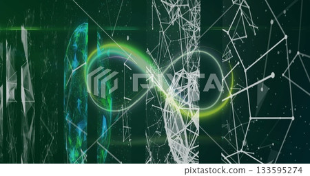 Highlighting neon-green loop emerging in digital space, with translucent panels and wireframe nodes Highlighting neon-green loop emerging in digital space, with translucent panels and wireframe nodes 133595274