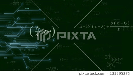Glowing cyan circuit branching in virtual backdrop, with formulas and chemical diagram, copy space Glowing cyan circuit branching in virtual backdrop, with formulas and chemical diagram, copy space 133595275