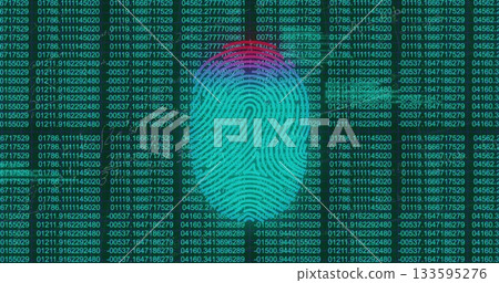 Displaying stylized fingerprint graphic overlaying digital screen with glowing numeric data columns Displaying stylized fingerprint graphic overlaying digital screen with glowing numeric data columns 133595276