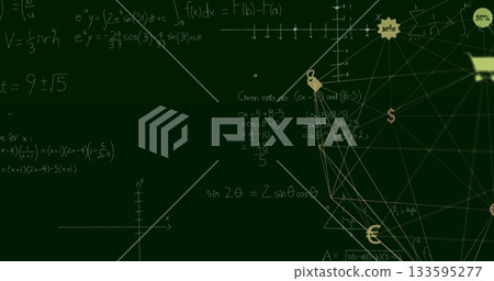 Displaying nodes linking currency icons and equations on green chalkboard at school, copy space Displaying nodes linking currency icons and equations on green chalkboard at school, copy space 133595277