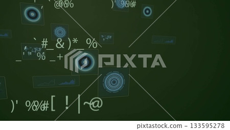 Floating widget displaying blue radial graphic in data dashboard, with line chart and code symbols Floating widget displaying blue radial graphic in data dashboard, with line chart and code symbols 133595278