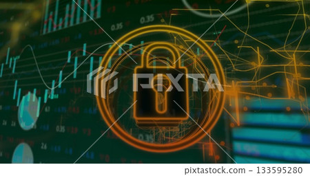 Glowing padlock icon rotating within concentric rings on trading screen with candlestick charts 133595280