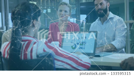 Collaborating three colleagues reviewing laptop charts at conference table, with padlock overlay 133595315