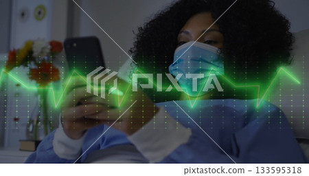 Reclining patient wearing surgical mask and gown, viewing smartphone in bed with ECG overlay Reclining patient wearing surgical mask and gown, viewing smartphone in bed with ECG overlay 133595318