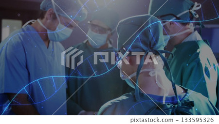 Team of four surgeons wearing scrub caps masks gowns gloves operating in OR, with DNA overlay Team of four surgeons wearing scrub caps masks gowns gloves operating in OR, with DNA overlay 133595326
