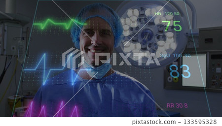 Surgeon in blue scrubs monitoring holographic ECG and vital sign displays in operating room Surgeon in blue scrubs monitoring holographic ECG and vital sign displays in operating room 133595328