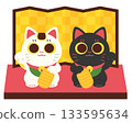 Black and white beckoning cat and folding screen 133595634