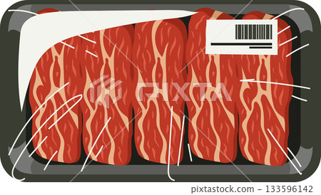 Top view of sliced beef raw meat in plastic tray with cling wrap and barcode label food illustration 133596142