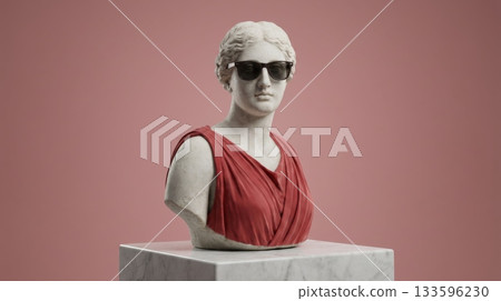 White Stone Statue of Woman in Red Dress with Sunglasses Sitting on Marble Pedestal, Plain Background 133596230
