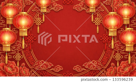 Red Background with Chinese Style Border and Red Lanterns, Illustrated Art, Chinese New Year 133596239