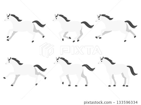 Vector illustration of a simple and cute white horse running, walking and standing pose set 133596334