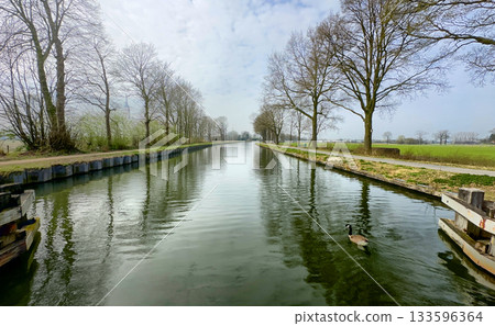 A Beautiful Serene Canal View Featuring Reflections and Bare Trees in the Distance A Beautiful Serene Canal View Featuring Reflections and Bare Trees in the Distance 133596364