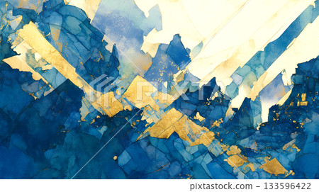 水彩插畫,描繪了一幅深藍色和金色裂紋組成的抽象圖案 水彩插畫,描繪了一幅深藍色和金色裂紋組成的抽象圖案 133596422