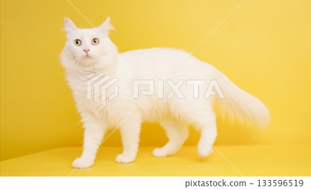 White turkish angora cat walking on yellow background White turkish angora cat walking on yellow background 133596519