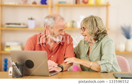 Senior couple laughing and using laptop at home 133596552