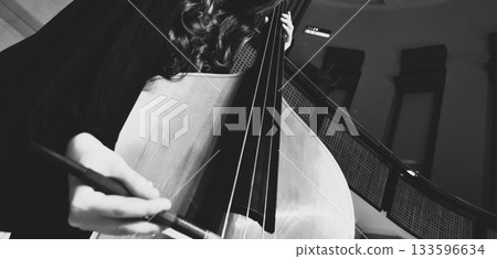 一位身穿洋裝的女子正在演奏低音提琴:單色 一位身穿洋裝的女子正在演奏低音提琴:單色 133596634