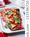 Christmas salmon in pomegranate juice with orange and pomegranate seeds. 133596720