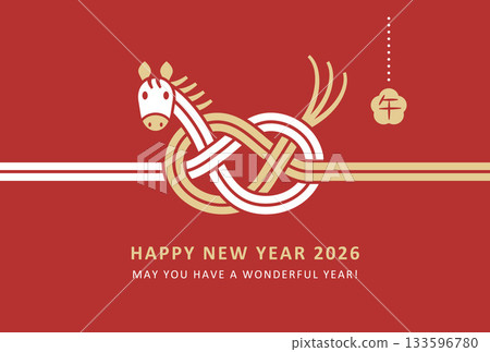 2026年新年賀卡設計：紅色背景上的可愛小馬水引 133596780