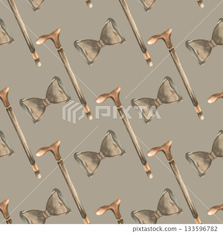 Men's accessories watercolor seamless pattern on grey for wrapping paper design. Vintage wooden walking stick, brown bow tie background for stylish men's day textile, fabric, father's day design 133596782
