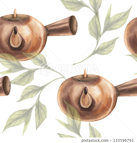 Asian tea ceremony tea clay pot and green leaves watercolor seamless pattern. Hand drawn oriental culture traditional elements, Chinese and Japanese morning drink background for wrapping, wallpaper Asian tea ceremony tea clay pot and green leaves watercolor seamless pattern. Hand drawn oriental culture traditional elements, Chinese and Japanese morning drink background for wrapping, wallpaper 133596791