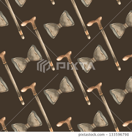 Men's accessories watercolor seamless pattern on black for wrapping paper design. Vintage wooden walking stick, brown bow tie background for stylish men's day textile, fabric, father's day design 133596798