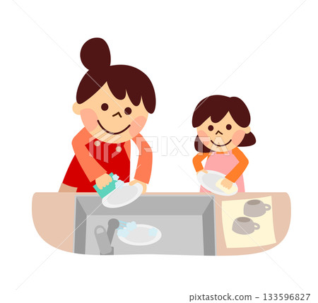 Parents and children washing dishes Parents and children washing dishes 133596827