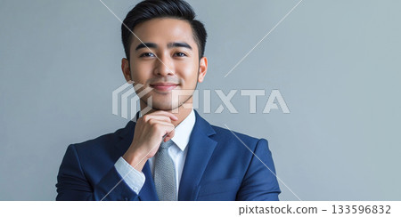 portrait of asian businessman against gray background 133596832