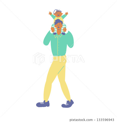 Illustration of a smiling father and child doing a piggyback ride Illustration of a smiling father and child doing a piggyback ride 133596943