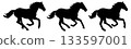 Horse silhouettes isolated on white background. Three black silhouettes of horses galloping, depicted in motion against. Their dynamic poses, flowing manes suggest speed, freedom.  Vector illustration 133597001