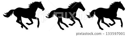 Horse silhouettes isolated on white background. Three black silhouettes of horses galloping, depicted in motion against. Their dynamic poses, flowing manes suggest speed, freedom.  Vector illustration 133597001