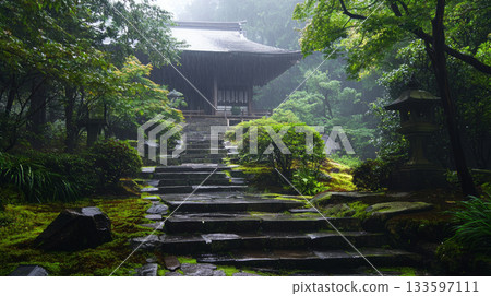 wooden stairs in the garden 133597111