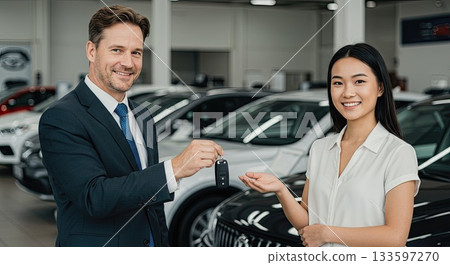 Salesman finalizes car deal with happy customer, a very successful car deal 133597270