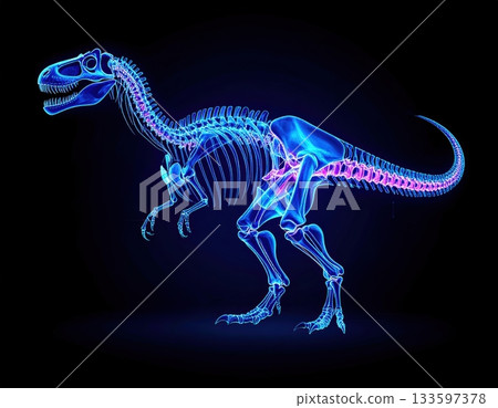 Dinosaur skeleton and muscle structure: X-ray style 3D illustration 133597378