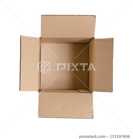 An open cardboard box. View from above. Isolated on a white background. An open cardboard box. View from above. Isolated on a white background. 133597606