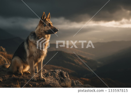 A noble German Shepherd sits atop a rocky mountain peak at sunset, surrounded by dramatic clouds and expansive landscapes, embodying strength, calm, and loyalty. 133597815