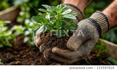 Hands wearing gardening gloves gently hold a young green plant with rich soil, symbolizing growth, sustainability, and the nurturing care of nature. 133597820