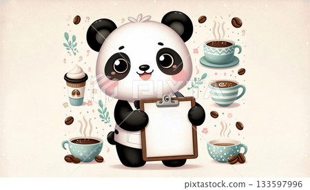 Panda barista holding a blank coffee menu sign, pastel cream background. Panda barista holding a blank coffee menu sign, pastel cream background. 133597996