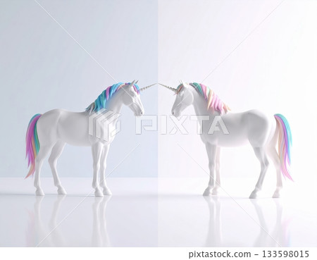 粉紅色和藍色帶翅膀的獨角獸（飛馬）彼此相對：奇幻3D藝術 133598015