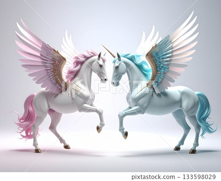粉紅色和藍色帶翅膀的獨角獸（飛馬）彼此相對：奇幻3D藝術 133598029