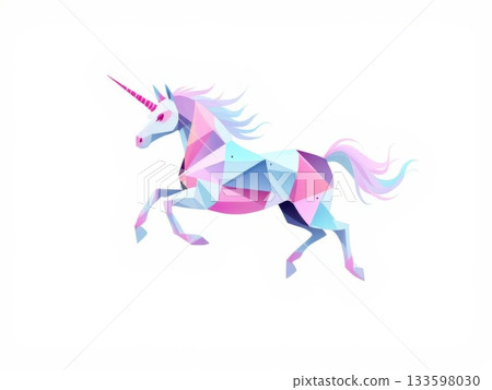 奔跑的幾何粉彩色獨角獸：低多邊形風格 3D 插圖 133598030