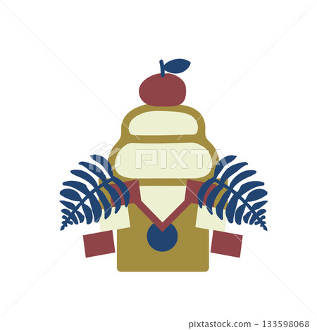 New Year's decorations: Kagami mochi. A modern Japanese color illustration of two-tiered rice cakes with urashiro (back white), daidai (orange), gohei (sacred wand), and shihoko (red) on three sides. 133598068