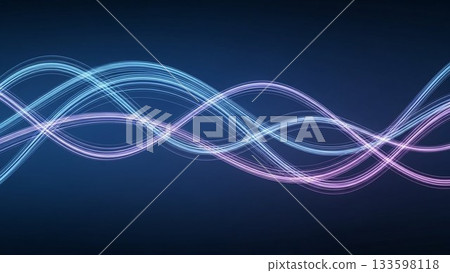 一個奇妙的波浪抽象背景設計，由重疊的藍色和紫色光線構成。 133598118